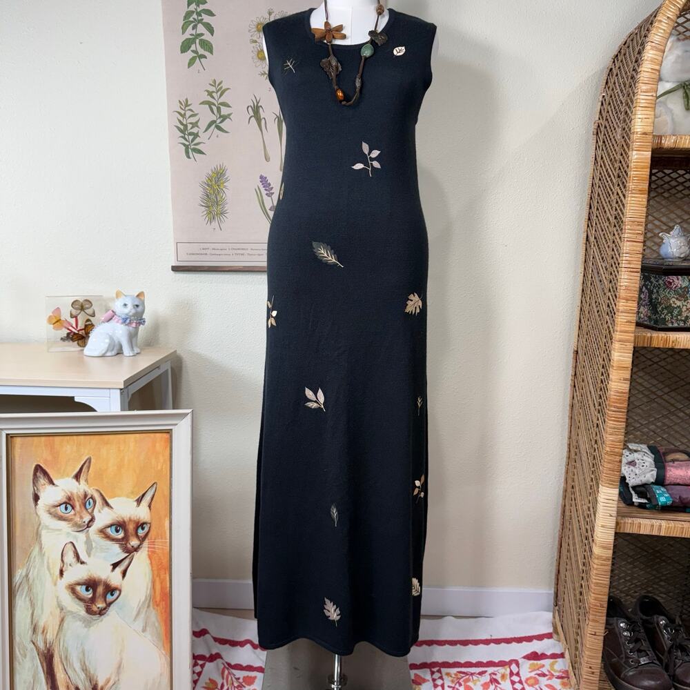Y2k Embroidered Fall Leaves Knit Maxi Dress Forest Dark Fairy Grunge Witchy M
